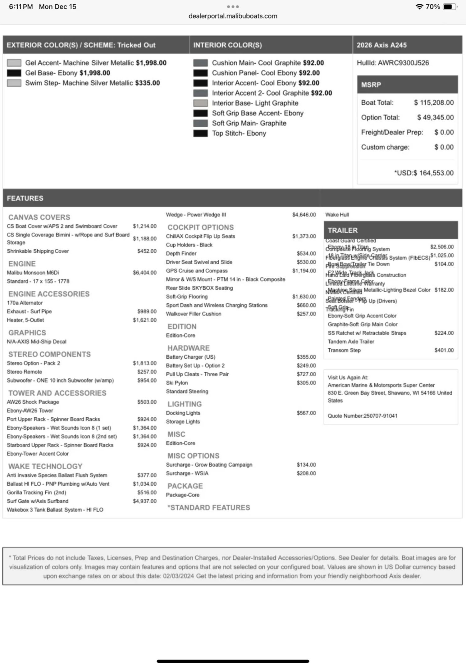 2026 AXIS A245 Wake boat w/ M6DI & TRL