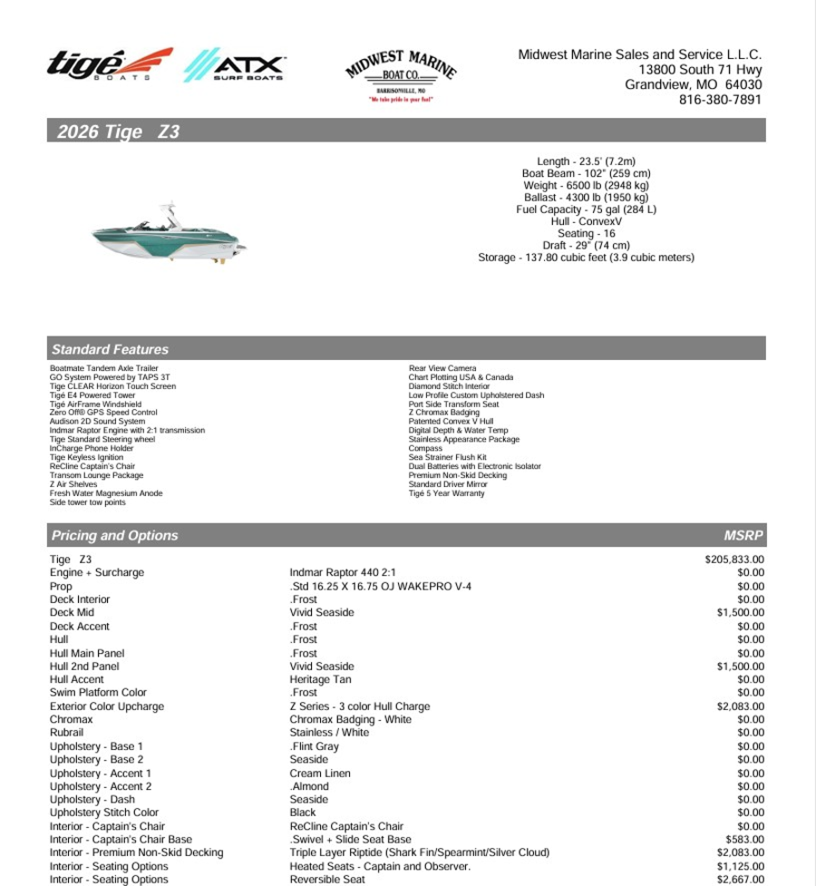 2026 Tige Boats Z3 for sale in Grandview, Missouri