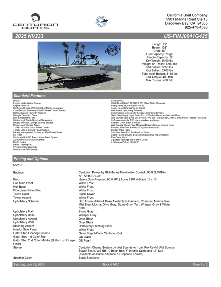 2025 Centurion Boats Nv233 for sale in Discovery Bay, California