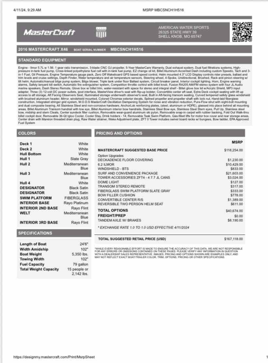 2016 Mastercraft Boats X46 for sale in Shell Knob, Missouri