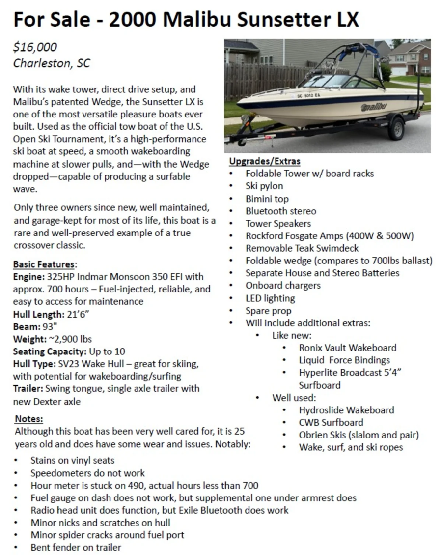 2000 Malibu Boats Sunsetter for sale in Charleston, South Carolina