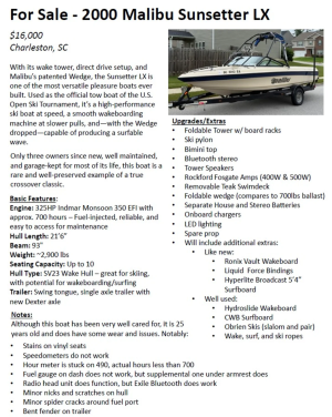 2000 Malibu Boats Sunsetter for sale in Charleston, South Carolina