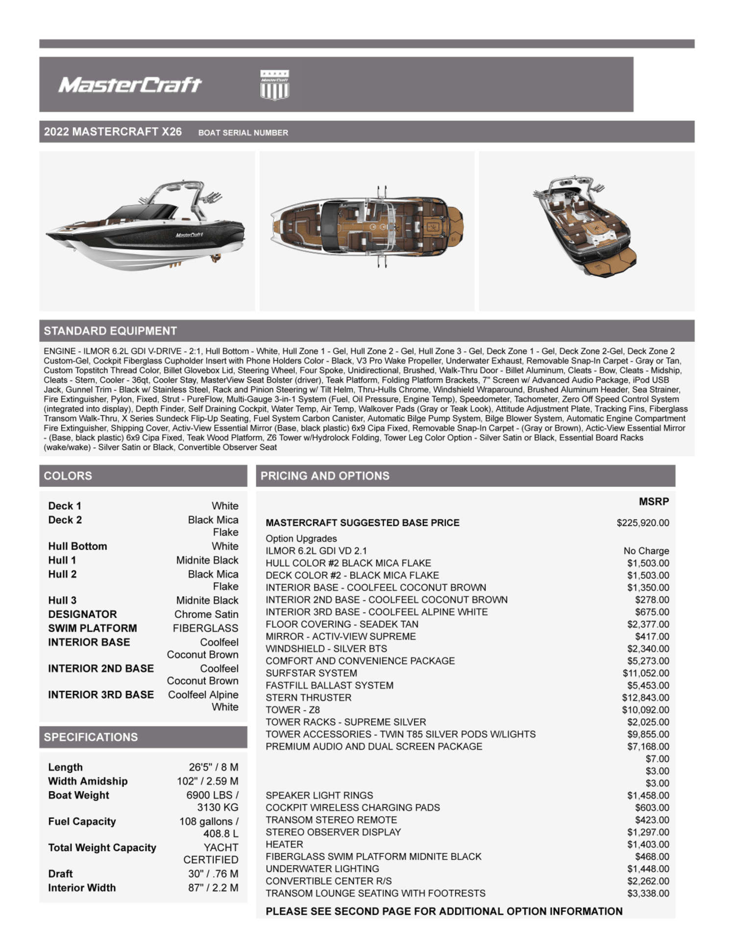 2022 MasterCraft X26,  SurfStar, 100 Hours,  Fresh Water Only